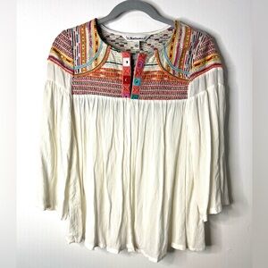Tantrums Boho Embroidered Top Blouse 3/4 Sleeves SZ S EUC